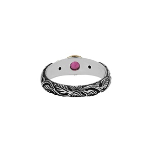 Anillo Floral de Plata de Ley 925 Oxidada de Dos Tonos con Oro de 18k y Rubí Natural Redondo, Joyas Memoria, Venta al por Mayor - Product Image 4