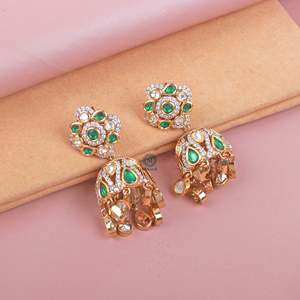 Reva Polki Designer Drop Earrings-Vintage Ethnic Tassel Jhumkas with Pearl & Diamond - Product Image 1