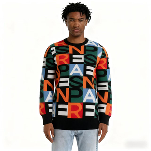 Pull tricoté décontracté pour homme en coton mélangé et acrylique-laine, style streetwear personnalisé, imprimé alphabet multicolore - Product Image 3