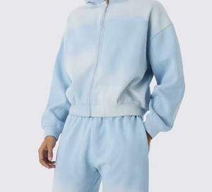 Unisex Light Blue Tracksuit Full Sleeve Zipper Front Casual Solid Color Sweatshirt <b>Pants</b> 100% Cotton Breathable Spring Wear - Product Image 2