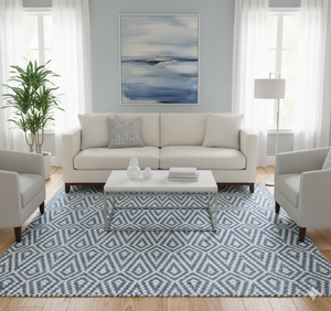 พรมผ้าฝ้ายสานมือสำหรับห้องนั่งเล่น/ตกแต่งบ้านรูปทรงเรขาคณิตสีฟ้าและสีขาว - Product Image 1