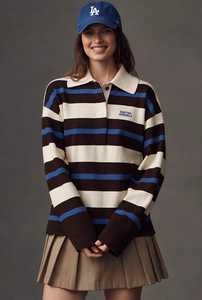 Camiseta Polo de Manga Larga a Rayas Marrón y Azul Oneten, Cuello de Botones Tejido, Estilo Deportivo - Product Image 3