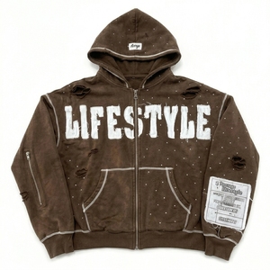 Conjunto de chándal de hombre de alta calidad con corte holgado, estilo vintage, efecto desgastado, bordado, apliques, lavado ácido, cremallera y pedrería, estilo streetwear. - Product Image 2