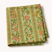 Tissu en coton imprimé à la main à motifs floraux vert menthe avec rayures botaniques orange et rose, textile doux et respirant pour kurti.