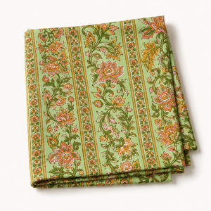 Tela de algodón estampada a mano con motivos florales en verde menta y rayas botánicas en naranja y rosa, textil suave y transpirable para kurti. - Product Image 4