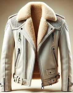 Blouson en cuir pour homme avec col en fausse fourrure et fermeture éclair - Product Image 1