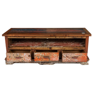 Sustainable Reclaimed Boat Wood TV Cabinet 3 Drawer Classic Style Solid Wood Rustic Recycled Timber For Stand TV - Product Image 4