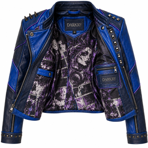 Royal Blue <b>Women</b> Genuine Leather Biker Jacket Custom Asymmetric <b>Wrap</b> Studded Photographer Graphic <b>Coat</b> OEM Factory Service - Product Image 5