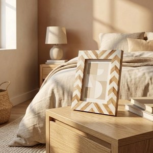Cadre photo en bois naturel et résine avec incrustations décoratives pour affichage sur table et suspension murale, décoration intérieure - Product Image 2