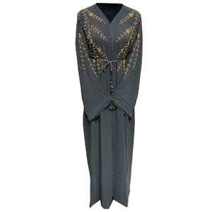 Abaya pour femmes, coupe droite, avec panneau brodé, manches longues, col haut, tissu Nida |   Style vintage, écologique, longueur au sol, respirant - Product Image 5