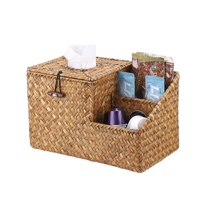 High Quality Seagrass Tissue Box Holder with Side Organizer Vintage Style <b>Square</b> Shape for Tableware Bathroom Home Office - Product Image 3
