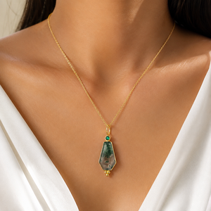Collar de ágata musgosa con detalles de esmeralda y circonita cúbica, chapado en oro de 18k, joyería moderna y única con forma de ataúd, joyería de moda para mujer. - Product Image 3