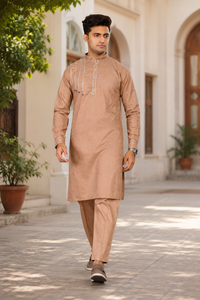 Mens Designer Beige Kurta Pajama <b>Set</b> Linear Thread Embroidery Ethnic Wear Indian Pakistani Party Outfit Wholesale Supplier - Product Image 4