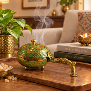 Quemador de incienso de latón con pátina verde, mango curvo, tapa, incensario de metal para Bakhoor, soporte vintage tallado para carbón Dhoop, decoración del hogar - Product Image 3