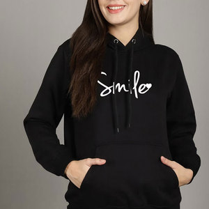 Sweat-shirt à capuche noir pour femme avec imprimé sourire, en coton, décontracté, avec logo sur le devant, poches, coupe classique, pour l'automne - Product Image 3