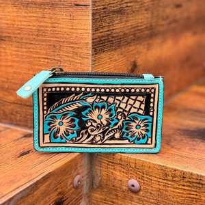 Titulaire de la carte de crédit en cuir repoussé à la main de marque Western en cuir véritable Turquoise Floral porte-carte portefeuille cadeau pour lui et elle - Product Image 3