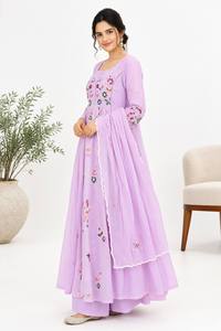 Ensemble Anarkali et Palazzo pour femme, violet, imprimé numérique, en coton, séchage rapide, style traditionnel indien/pakistanais, coupe ample, longueur ras du sol - Product Image 2