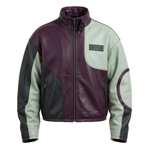 Plum Green Mens Custom Leather Jacket Tricolor Stand Collar Biker Rider Coat Genuine Cowhide Streetwear Outerwear Wholesale <strong>Fact</strong> - Product Image 1