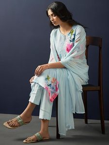 Women's Floral Printed <b>Linen</b> Kurta Pant with Matching Dupatta - Product Image 3