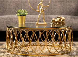 Mesa de Centro Redonda de Metal Dorado de Lujo con Tapa de Vidrio Templado – Mesa de Centro Premium para Sala de Estar - Product Image 1
