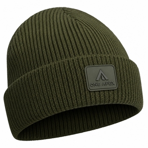 Bonnet en tricot vert olive pour homme, bonnet d'hiver à revers, unisexe, streetwear, bonnet ajusté, logo personnalisé, vente en gros, accessoire de mode - Product Image 1