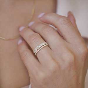 Half Eternity <b>Wedding</b> Band 14K 18K Solid Gold Trillion Baguette Cut Lab Grown Diamond Prong Set Minimalist Luxury Stacking Rings - Product Image 2