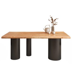 โต๊ะรับประทานอาหารทรงบาร์เรล ดีไซน์อุตสาหกรรม แข็งแรงทนทาน ทำจากไม้กระถินเทศแท้ ขอบไม้ธรรมชาติ ขาเหล็กสีดำและสีธรรมชาติ เหมาะสำหรับบ้านและห้องครัว - Product Image 1