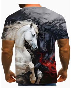 T-shirt à manches courtes pour homme, imprimé chevaux blancs et noirs, col rond, coupe classique, décontracté, respirant, en polyester tissé, haute qualité - Product Image 2