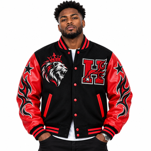 Veste universitaire noire et rouge pour homme, broderie Lion Crown H, manches flamboyantes, streetwear - Product Image 4