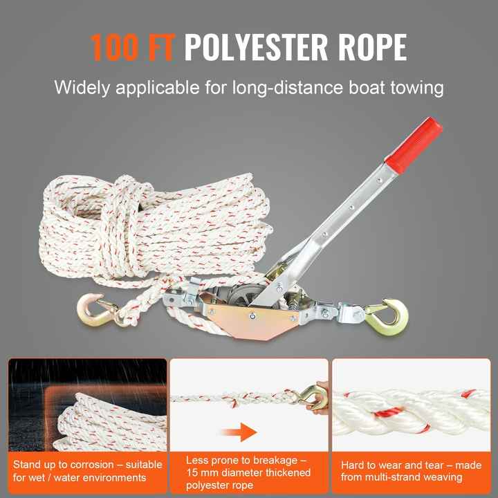 Heavy Duty 3/4 Ton (1,653 Lbs) Power Puller Tool 100' 0.6\" Dia. Rope 2 Hooks Winch for Moving Boats Securing Items Transporting