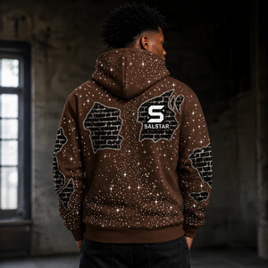 Sweat-shirt à capuche marron zippé personnalisé pour homme avec strass – Sweat-shirt streetwear haut de gamme avec impression graphique et logo personnalisé - Product Image 2