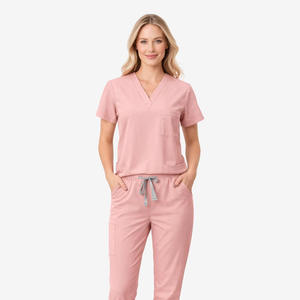 Women Green V-Neck Scrub Set Cotton Polyester Canvas Woven Hospital Uniforms Pants Pockets Needle Detection GLOWING NEON - Product Image 2