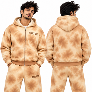 Ensemble de survêtement en molleton épais pour hommes, personnalisé, beige tie-dye délavé au soleil, avec sweat à capuche zippé, style streetwear, marque privée, OEM, B2B, USA - Product Image 3