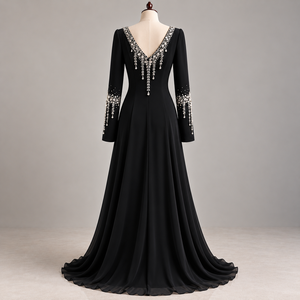 <b>Black</b> V-Neck <b>Floor</b>-<b>Length</b> Evening <b>Dress</b> Long Sleeve Maxi Gown Heavy Embellishment Party Banquet Wear - Product Image 2
