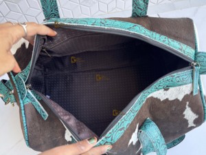 Bolsos de equipaje de cuero de vaca real, bolso hecho a mano de usos múltiples, bolso de viaje Unisex, tamaño grande, Color turquesa, pelo en Bolso de piel oculta - Product Image 6