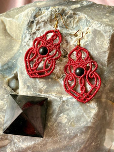 HARI OM CREATIONS Handmade <b>Red</b> Macrame Drop <b>Earrings</b> Black Onyx Bead Bohemian Style Women's Jewelry Black Rhodium Plated - Product Image 3