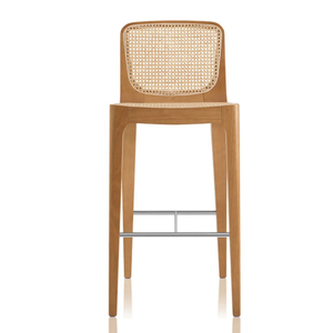 Sculpted Solid Teak Wood <b>Bar</b> <b>Stool</b> featuring Signature Cane Inlay High-<b>Back</b> Counter Seating with Seamless Joinery - Product Image 1