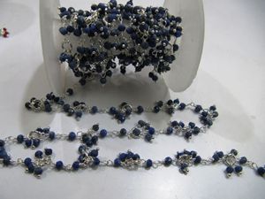Chaîne de fleurs en pierres précieuses naturelles de Lapis Lazuli, perles facettées rondes de 3-4 mm, grappe de pierres tombantes par pied - Product Image 3