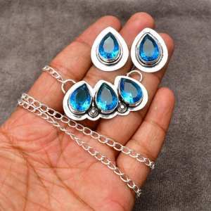 ชุดเครื่องประดับเงินแท้ 925 สุดหรู ประดับพลอยบลูโทแพซทรงหยดน้ำ ต่างหูและสร้อยคอสำหรับผู้หญิง เหมาะสำหรับงานแต่งงาน - Product Image 3