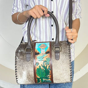 2026 Fashionable Hand <b>Tooled</b> Genuine Cowhide <b>Leather</b> Duffel Bag Cactus Pattern Hair On <b>Leather</b> Vintage Weekender Bag for Unisex - Product Image 5