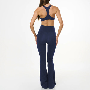 High Waisted <b>Flared</b> Yoga <b>Leggings</b> 2-Piece Workout Set Breathable Stretch Spandex Solid Logo Waist Sports Bra Full-Length Pants - Product Image 4