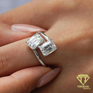 Elegant Moissanite Diamond <b>Emerald</b> Cut Two Stone <b>Ring</b> <b>Silver</b> Tone Bypass Setting Modern Engagement Jewelry For Women - Product Image 4