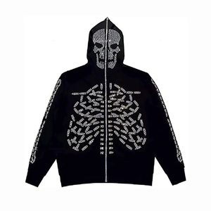 Sudadera con capucha y cremallera completa con estampado de esqueleto para hombre, sudadera urbana personalizada con diseño llamativo en el pecho - Product Image 1