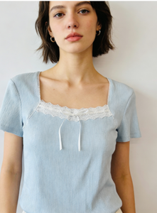 Women's Eco-Friendly Slim Fit Short Sleeve T-Shirt Square Neck Lace Bow Simple Patchwork Breathable Cute Knit Casual Sporty - Product Image 3