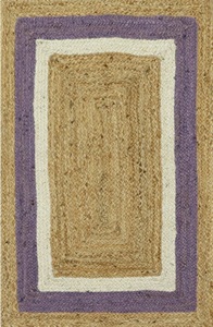 Alfombra de yute natural hecha a mano con borde morado y blanco – Alfombra rústica ecológica - Product Image 2