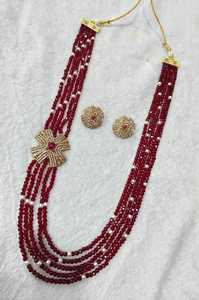 Classic Long Multi-Layered Brass Antique Gold Plated Imitation Pearl & Pink Stone Bridal <b>Wedding</b> <b>Necklace</b> <b>Set</b> - Product Image 5