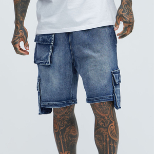 Pantalones Cortos Cargo de Mezclilla Azul para Hombre, Cintura Media, Cierre Elástico, con Bolsillos con Solapa, Estilo Casual, Acabado Lavado - Product Image 1