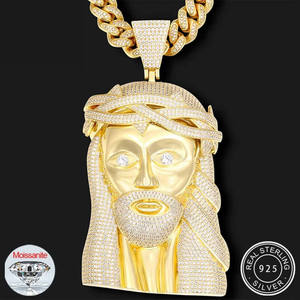 Jesus Face <b>Pendant</b> With Moissanite Stones <b>Solid</b> Yellow <b>Gold</b> Plated 925 Sterling Silver Hiphop Religious Charm Men's Jewelry - Product Image 1