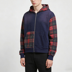 Sweat-shirt à capuche zippé pour homme, en patchwork à carreaux bleu marine, coupe classique, veste en polaire décontractée, style automne - Product Image 2