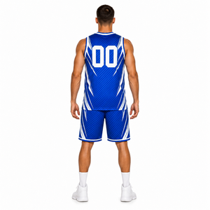 Ensemble de maillots de basket-ball bleus pour hommes, sans manches, col en V, imprimé géométrique sublimé, vêtements de sport respirants, noms d'équipe personnalisés - Product Image 2